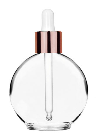 Round design 128 ml, 4.33oz clear glass bottle with white dropper with  shiny copper collar cap. For use with perfume oils, diffuser oils, serums,  primers, facial oils or face oils, moisturizer, and